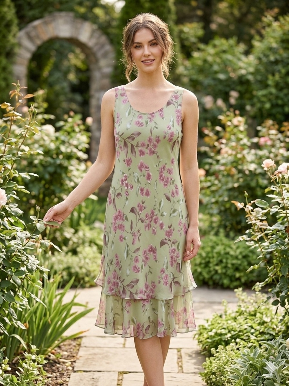 J.B.S. LTD Vintage Y2K Sage Green Floral Layered Midi Dress